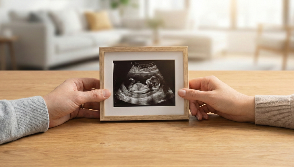 A happy couple admiring their sonogram in a warm, setting, representing the new intent-based parentage protections in Pennsylvania.