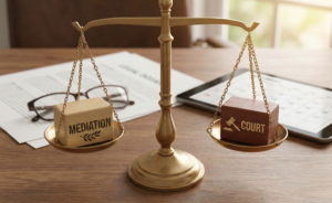 A peaceful conference room setting representing family law mediation, contrasted with a judge's gavel representing court litigation.