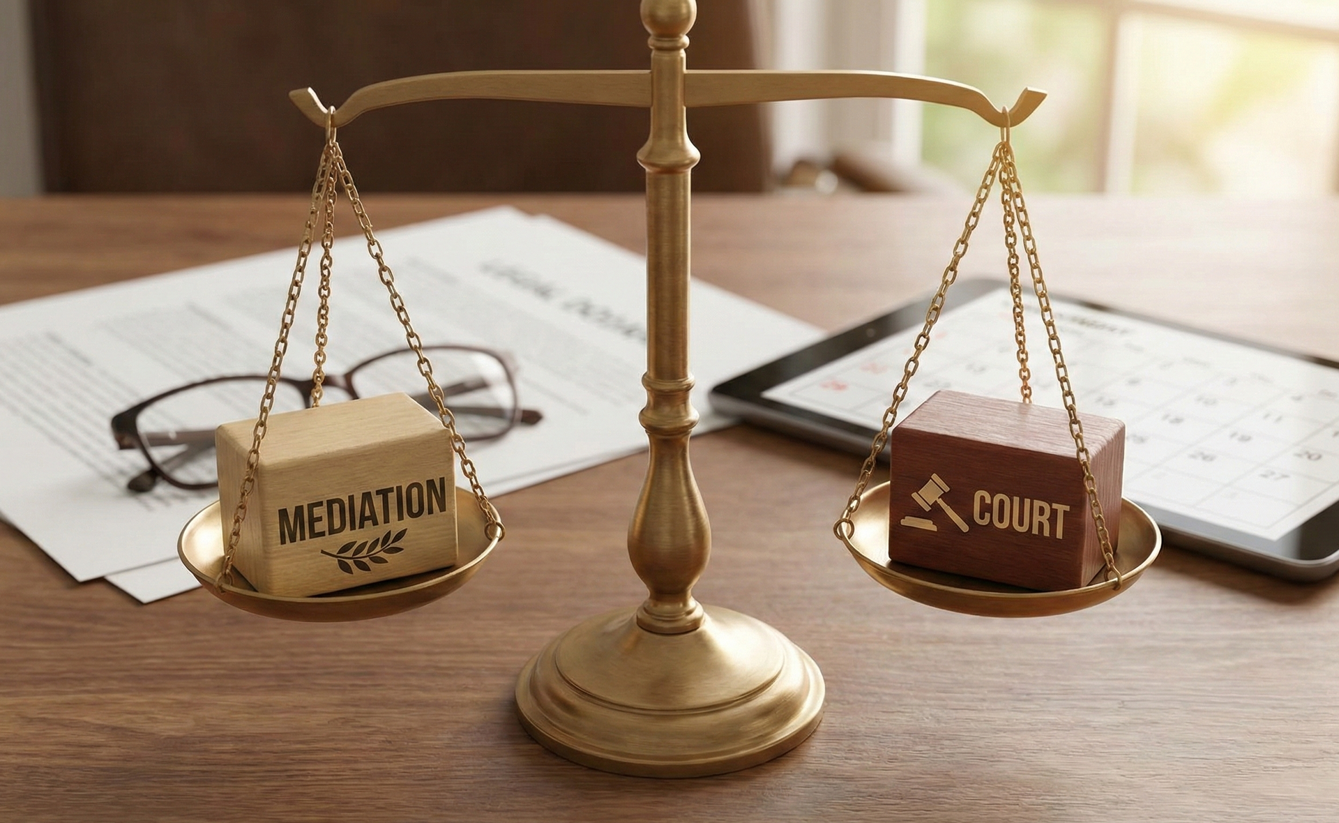 A peaceful conference room setting representing family law mediation, contrasted with a judge's gavel representing court litigation.