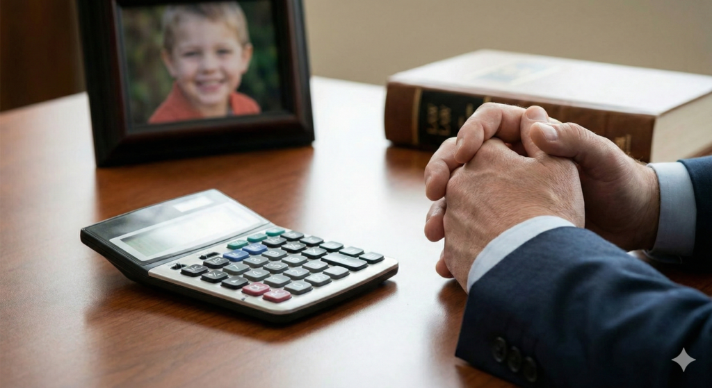 Close-up of a standard calculator on a clean wooden desk, symbolizing 2026 Pennsylvania child support guideline calculations.