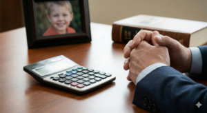 Close-up of a standard calculator on a clean wooden desk, symbolizing 2026 Pennsylvania child support guideline calculations.