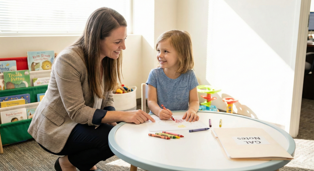A friendly Guardian ad Litem attorney sitting at a conference table, smiling and listening intently to a young child in a comforting office setting.