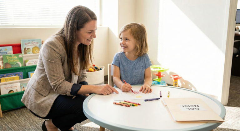 A friendly Guardian ad Litem attorney sitting at a conference table, smiling and listening intently to a young child in a comforting office setting.