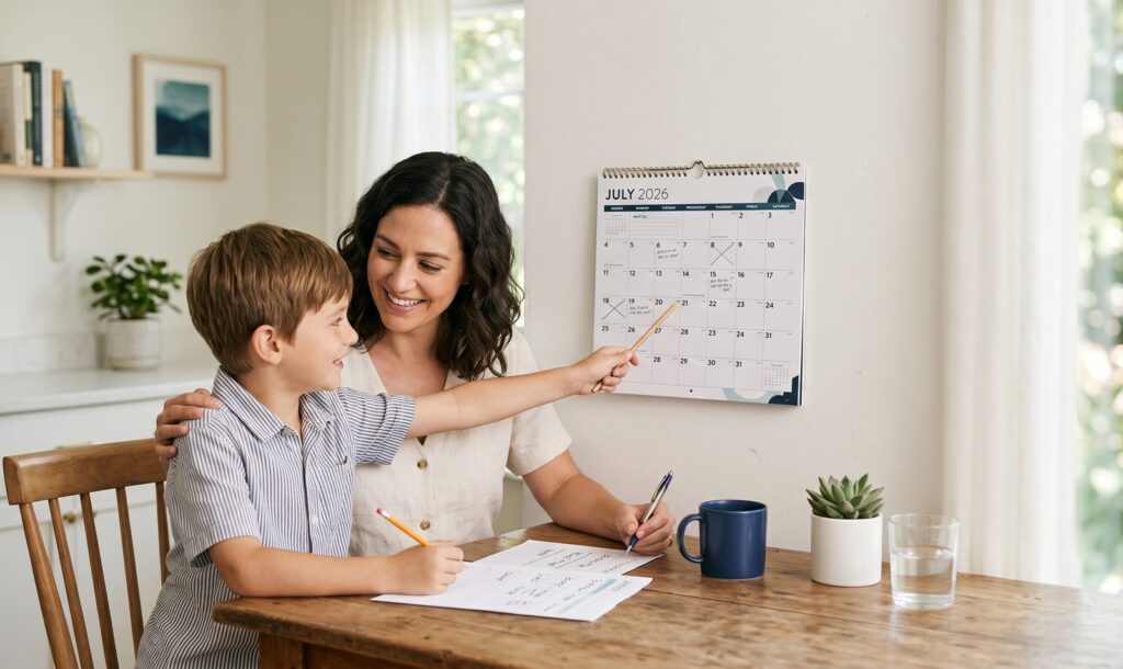 Parent and school-aged child reviewing a July wall calendar at a kitchen table while planning a summer custody schedule.