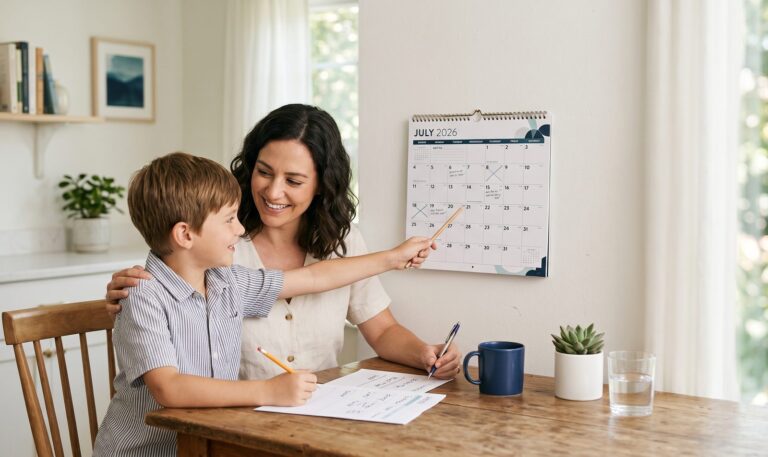 Parent and school-aged child reviewing a July wall calendar at a kitchen table while planning a summer custody schedule.