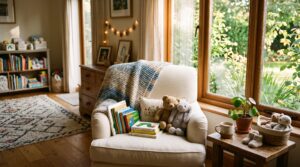 A warm, sunlit reading nook with children's books and plush toys, representing a Pittsburgh family preparing to welcome a child through adoption.