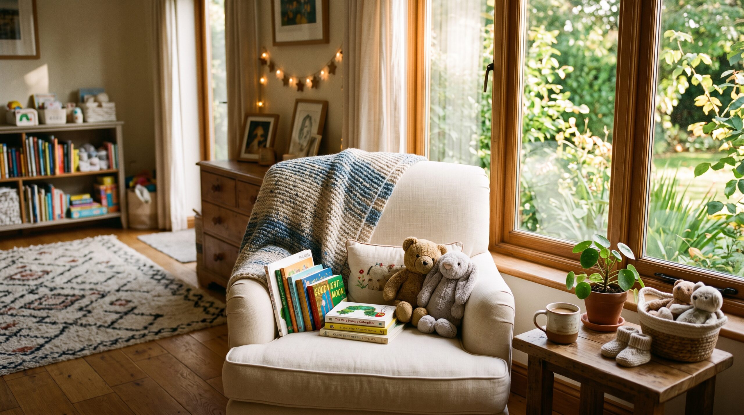 A warm, sunlit reading nook with children's books and plush toys, representing a Pittsburgh family preparing to welcome a child through adoption.