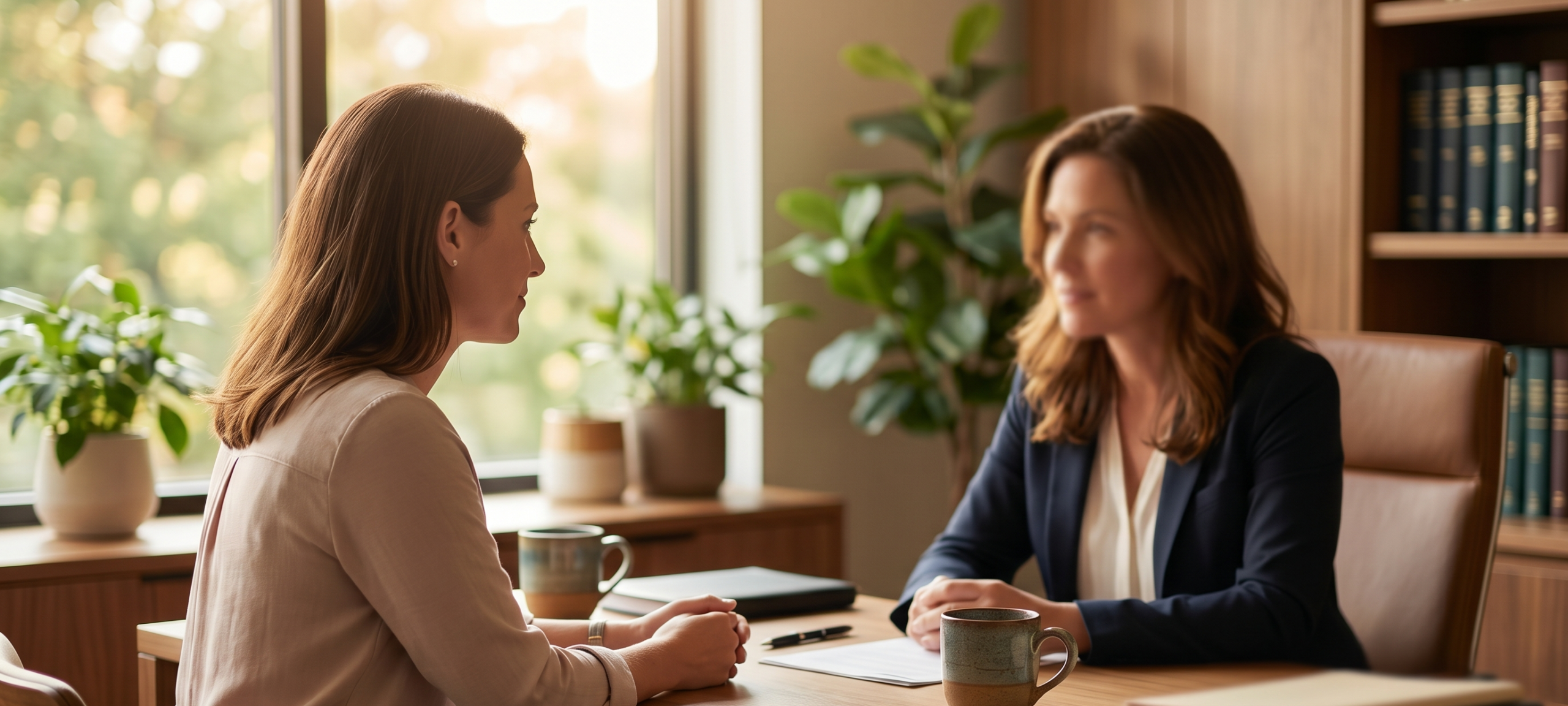 A welcoming consultation between an attorney and a client in a warm Pittsburgh law office, representing choosing the right family lawyer.