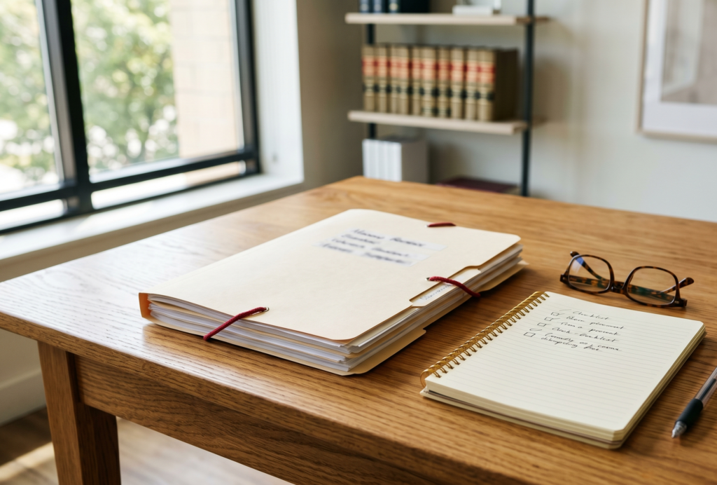 An organized desk with a document folder and checklist, representing preparing for a first custody proceeding in Allegheny County.