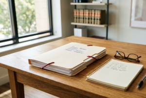 An organized desk with a document folder and checklist, representing preparing for a first custody proceeding in Allegheny County.