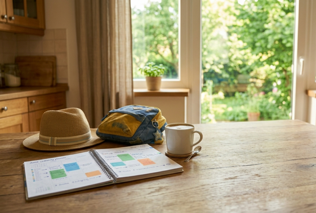 A sunny kitchen table with a summer family calendar and a child's backpack, representing planning a summer custody schedule in Allegheny County.