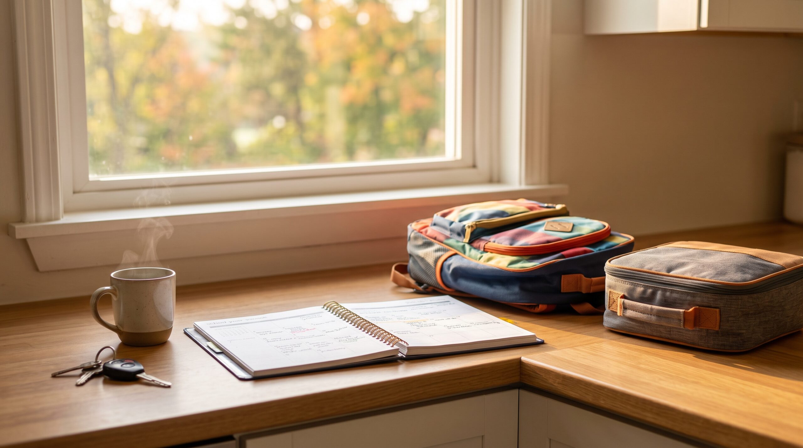 A sunlit kitchen counter with a school-year planner, a child's backpack, and a lunch box, representing coordinating a school-year custody schedule in Southwestern Pennsylvania.